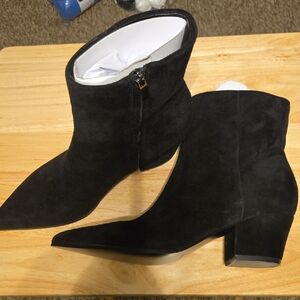 Nine West Black Suede Pointed Toe Block Heel Ankle Boots